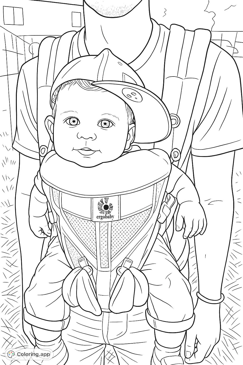 Capture a heartwarming moment with this baby and parent coloring page. Features a smiling baby in a carrier, perfect for family fun.