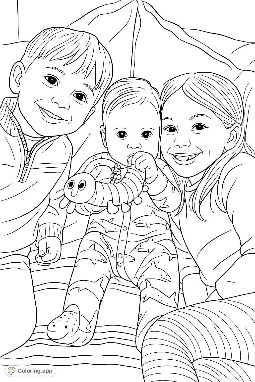 A heartwarming scene of three siblings, including an infant with a fun caterpillar toy, sharing a joyful moment on soft bedding. Perfect for family coloring.