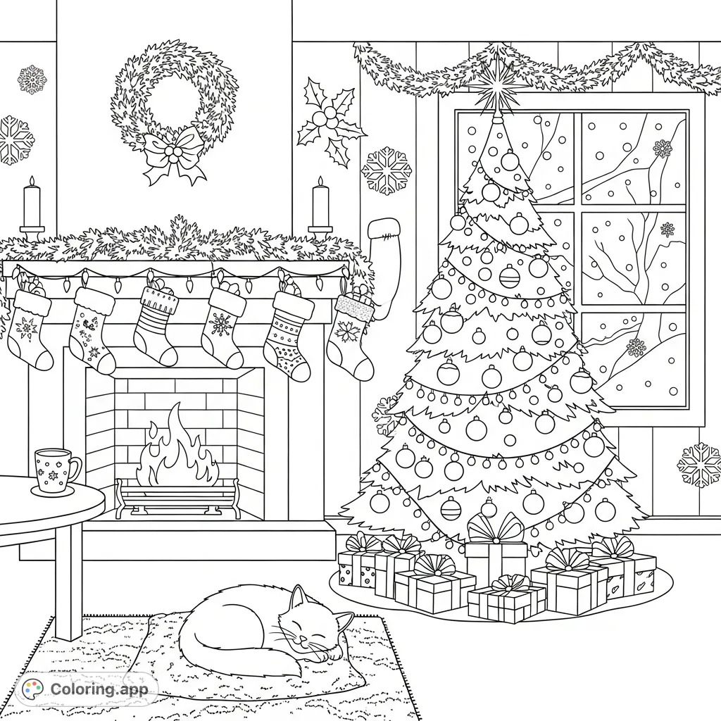 Immerse yourself in a festive holiday scene featuring a fireplace with stockings, a decorated Christmas tree, presents, and a sleeping cat. Perfect for holiday cheer!