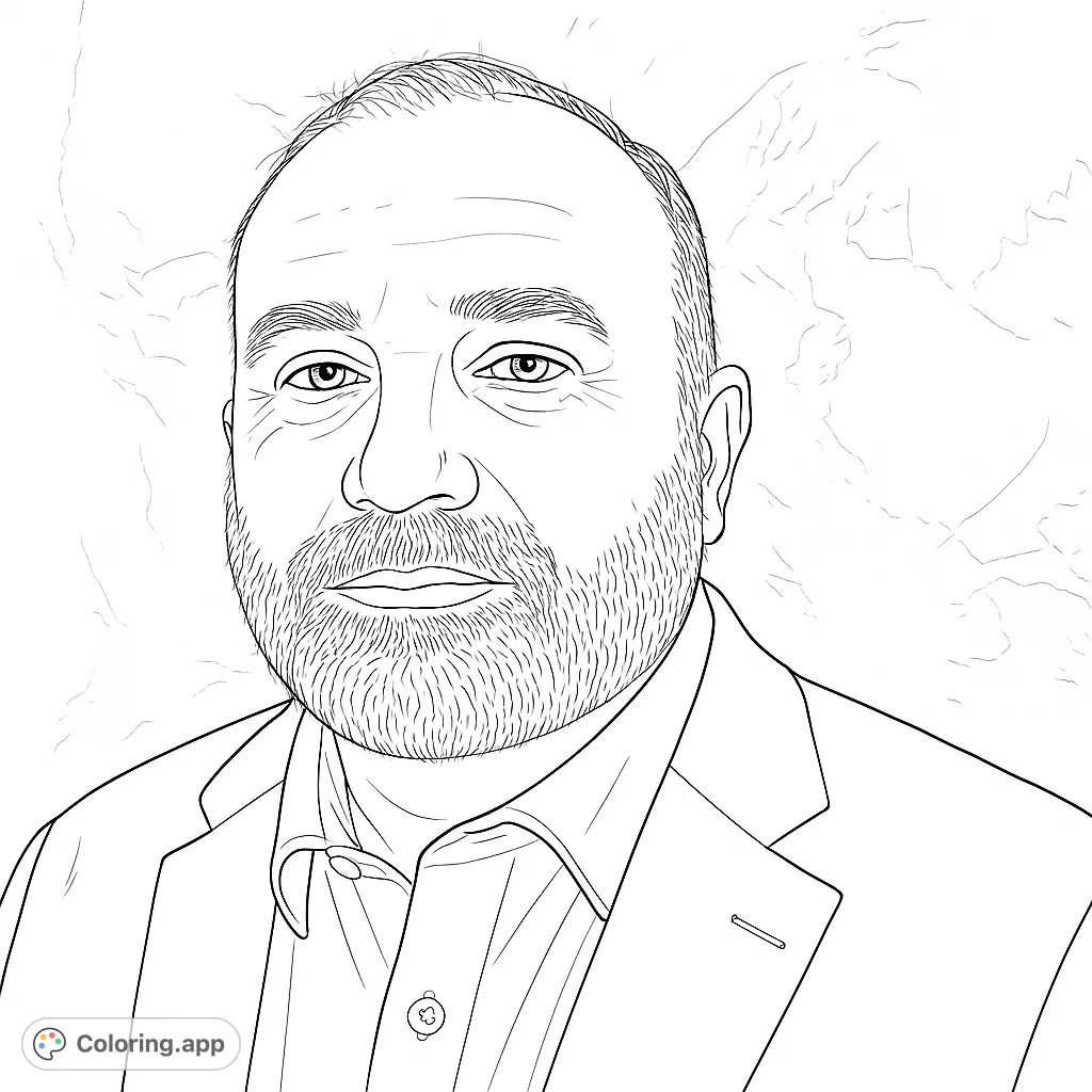 A detailed portrait of a man in a suit, featuring a neatly trimmed beard and expressive face, perfect for realistic coloring.