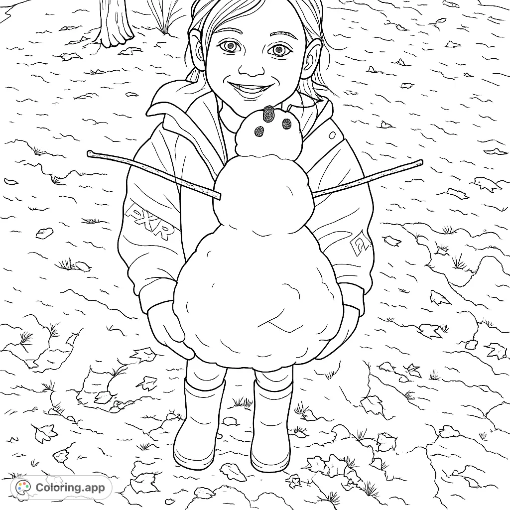 A cheerful girl holds a charming two-segment snowman in a snowy landscape. Perfect for a cozy winter coloring activity, capturing the joy of the season.