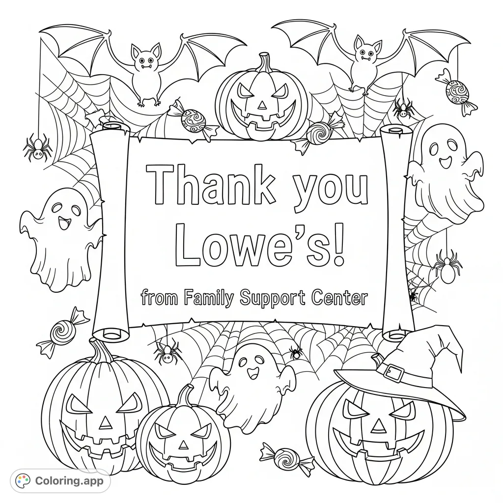 A festive Halloween coloring page featuring "Thank you Lowe's!" and "from Family Support Center" surrounded by pumpkins, bats, ghosts, and candy.