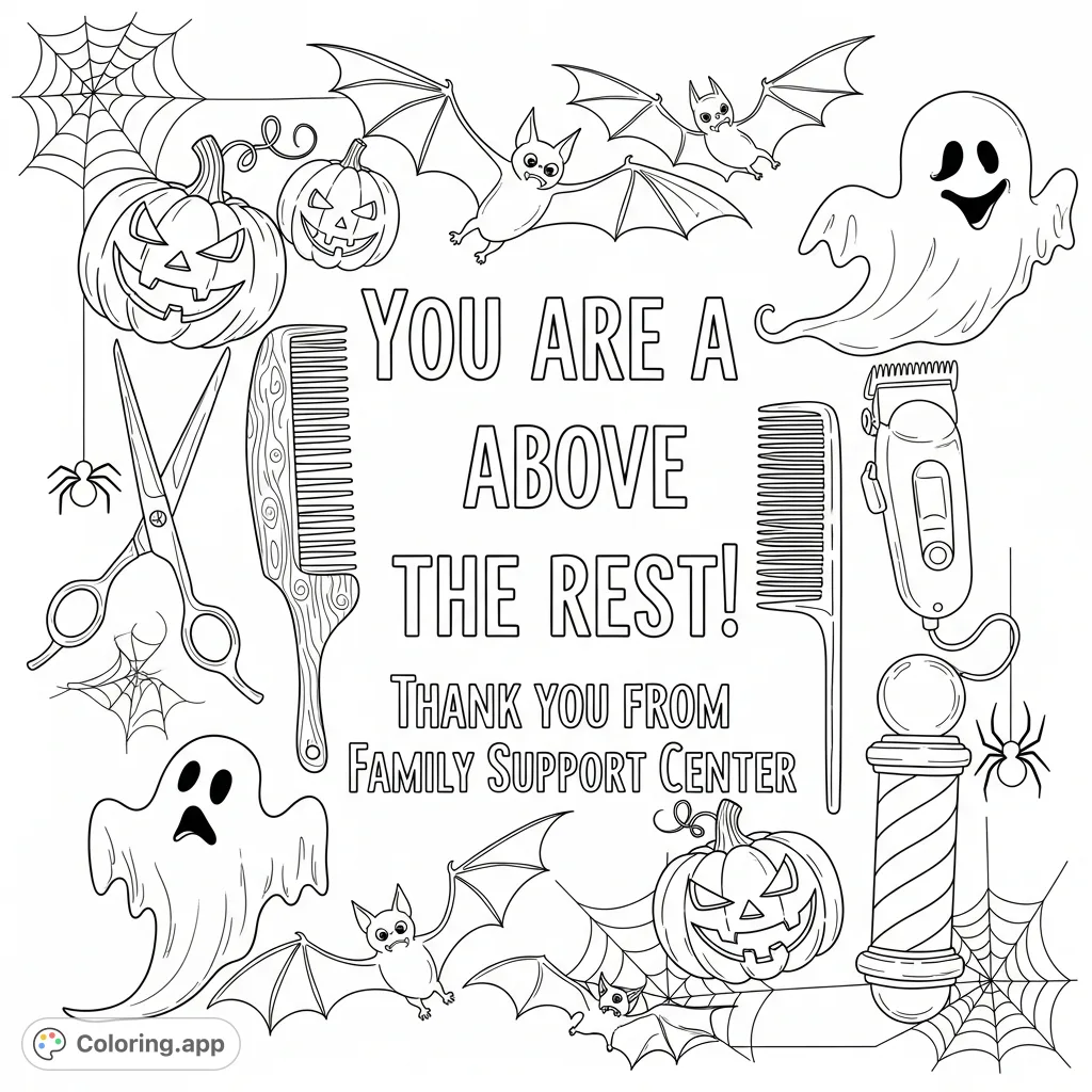 A unique Halloween-themed coloring page featuring appreciation text, spooky elements like pumpkins and bats, and detailed haircut tools. Perfect for creative thanks!