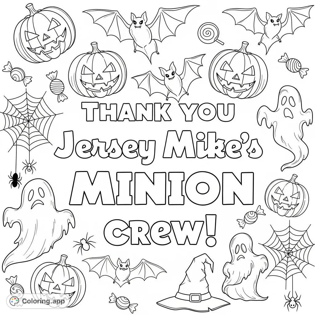 A festive Halloween coloring page featuring "Thank you Jersey Mike's Minion crew!" surrounded by playful jack-o'-lanterns, bats, ghosts, and candy.