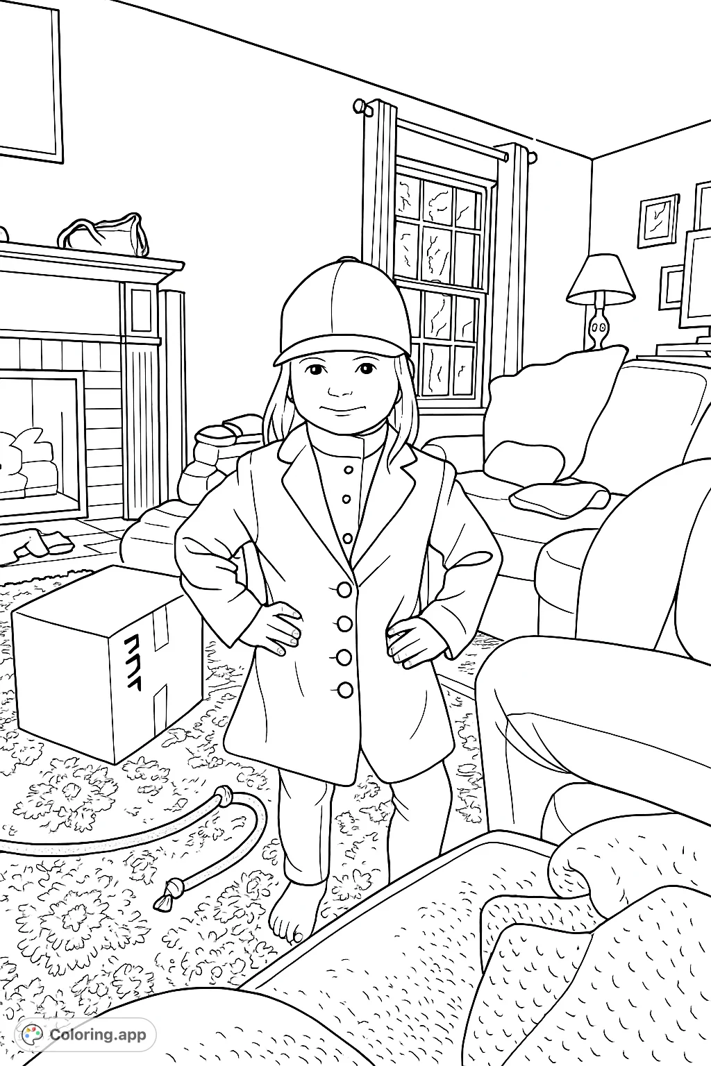 A charming equestrian coloring page featuring a child in a riding outfit, striking a confident pose amidst a cozy indoor setting. Perfect for aspiring riders.