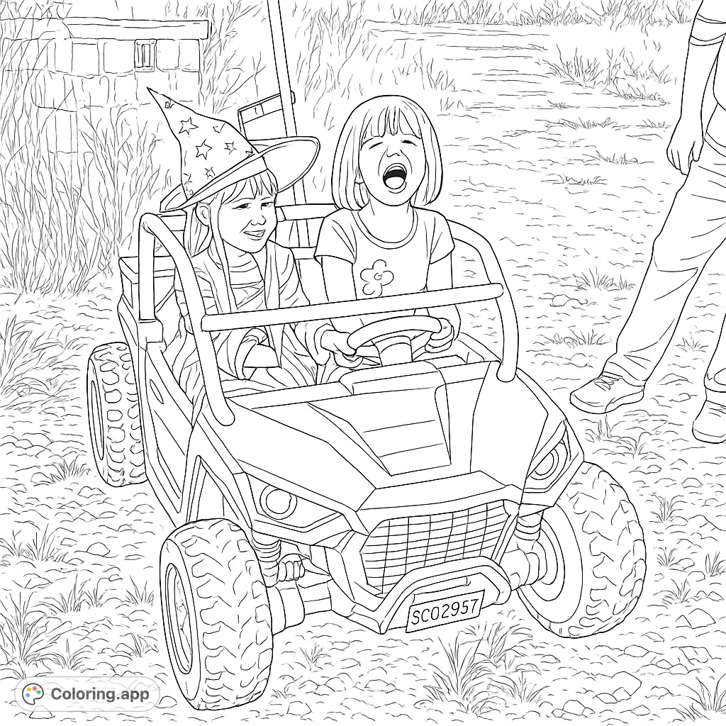 Two children, one in a witch costume, enjoy a thrilling ride in a toy off-road buggy. A fun, adventurous scene perfect for young colorists.