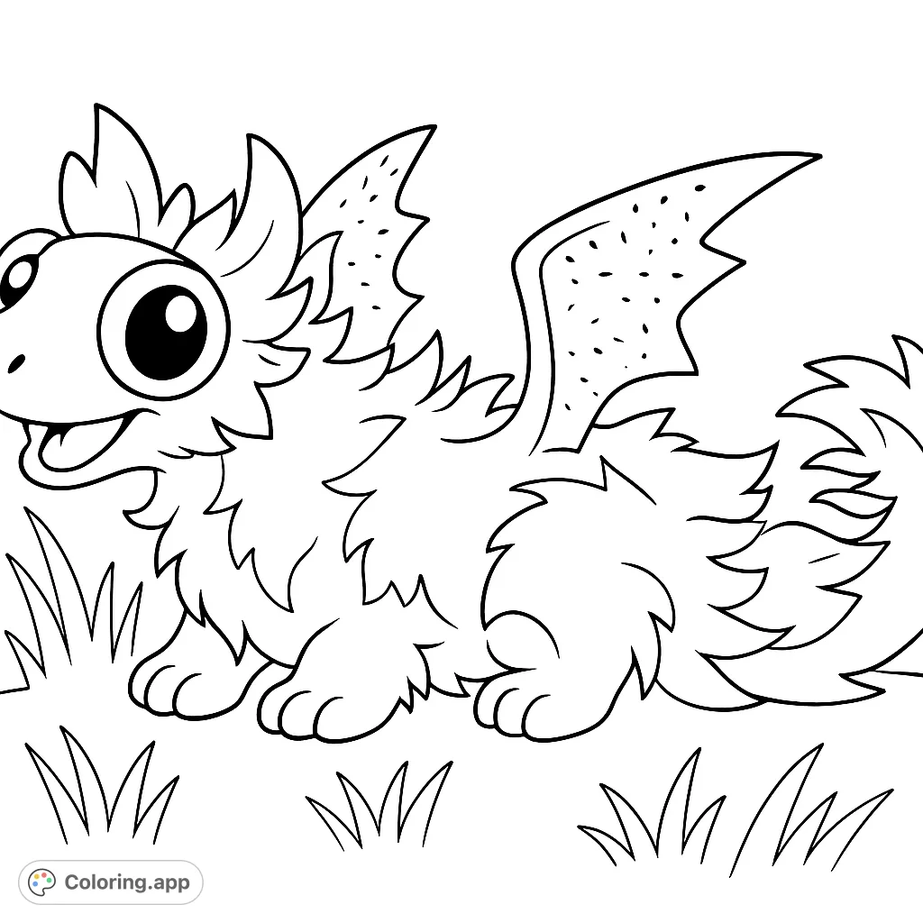 A charming, fluffy dragon-like creature with spiky fur and spotted wings, ready for a burst of imagination and color.