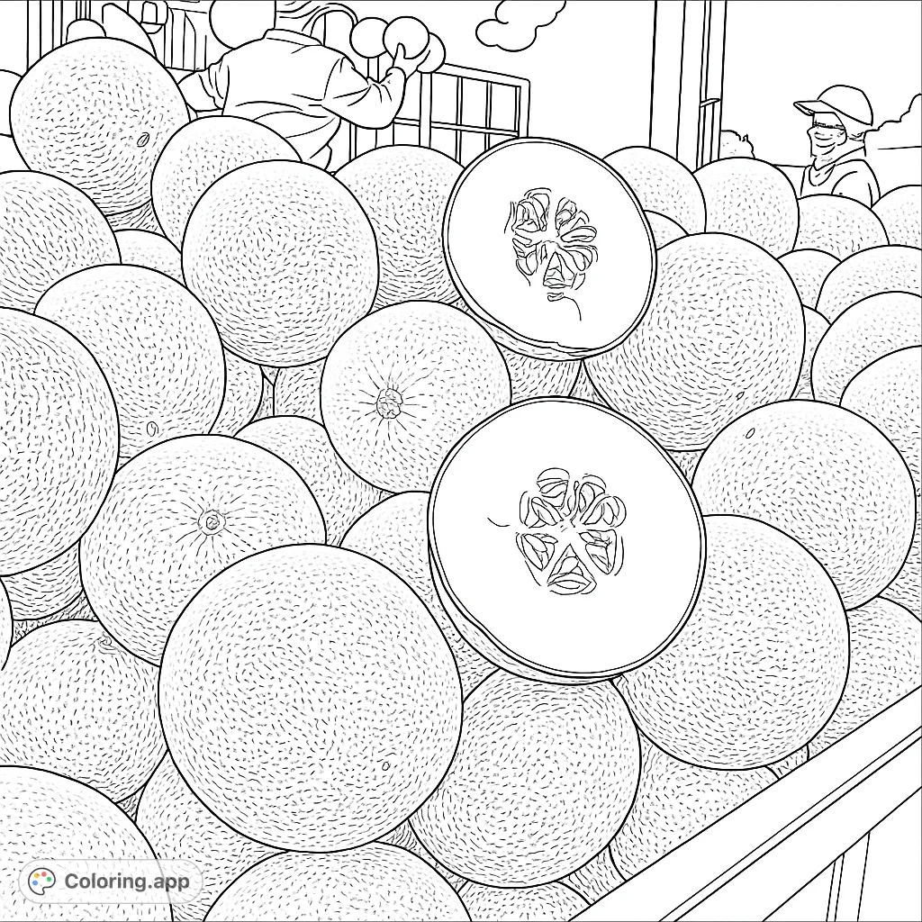 Explore a bountiful melon harvest scene, featuring a large pile of netted melons and two perfectly sliced halves revealing their seed-filled centers. A delightful fruit coloring page.