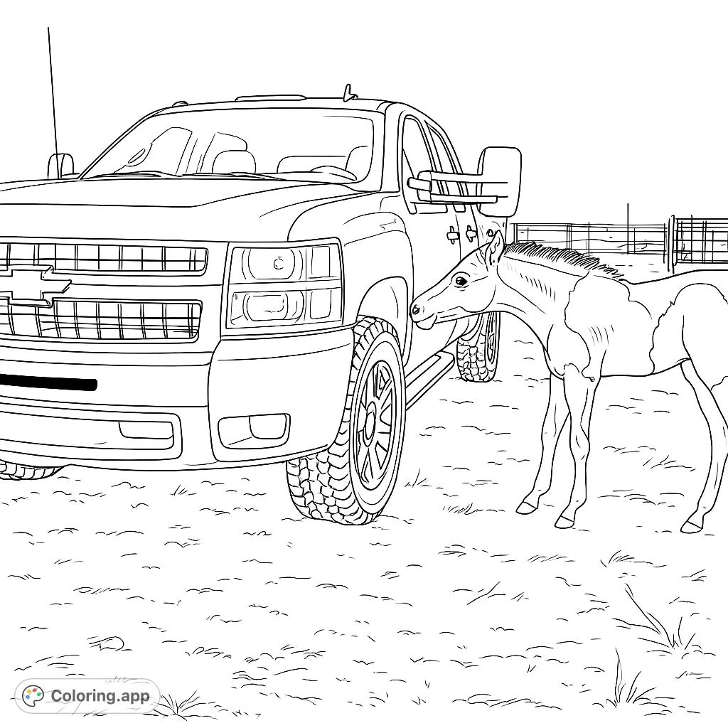 A charming scene featuring a curious foal investigating a rugged pickup truck in a rural setting. Perfect for animal lovers and vehicle enthusiasts alike.