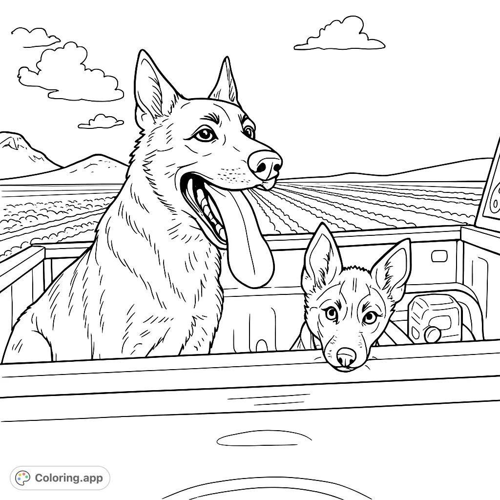 Two cheerful dogs enjoy a ride in a pickup truck bed, overlooking vast fields and distant hills. A delightful scene for animal lovers to bring to life with color.
