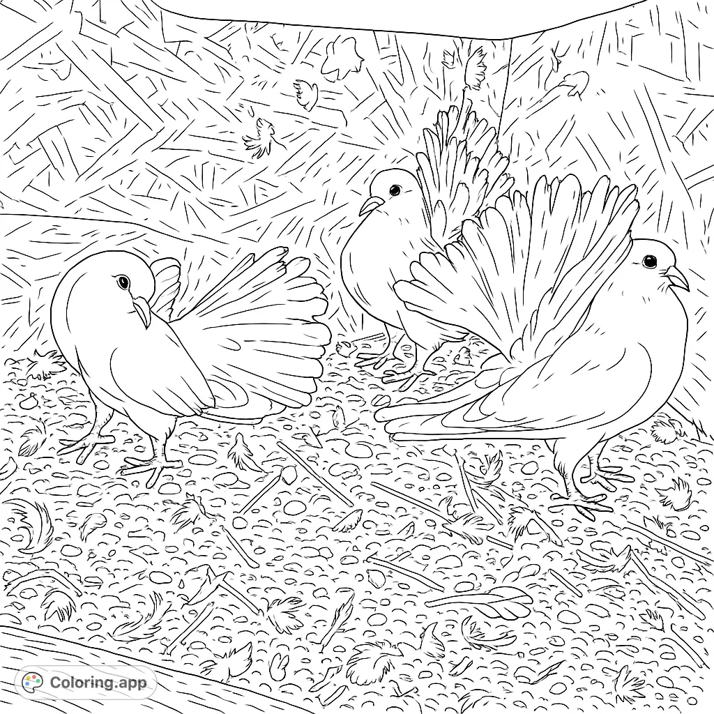 Discover three elegant fantail pigeons with their magnificent fanned tails in a rustic wooden coop. A detailed animal coloring page for all ages.
