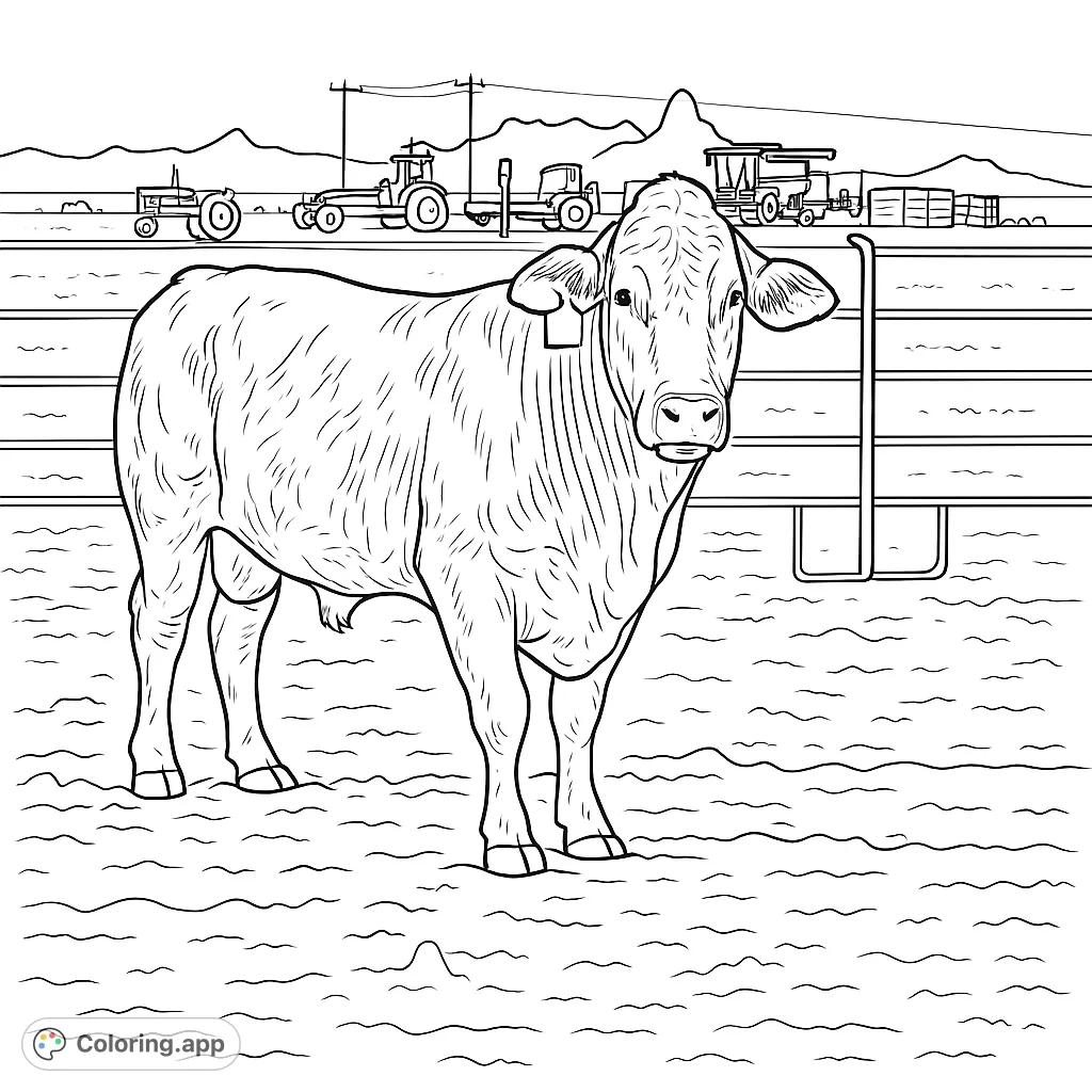 A powerful bull stands in a dusty corral, surrounded by farm equipment and distant mountains, ready for your creative touch.