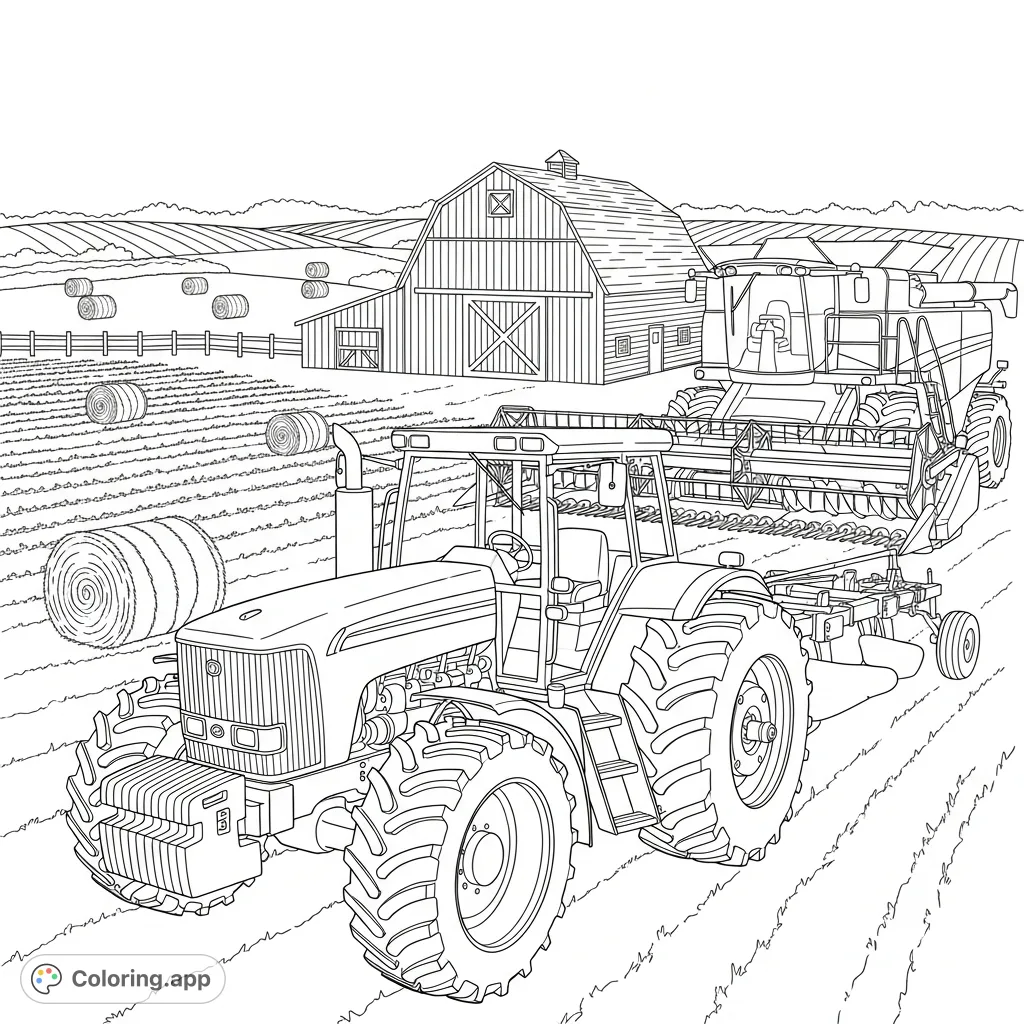 Explore a detailed farm equipment coloring page featuring a tractor, combine harvester, barn, and fields. Perfect for all ages and skill levels!
