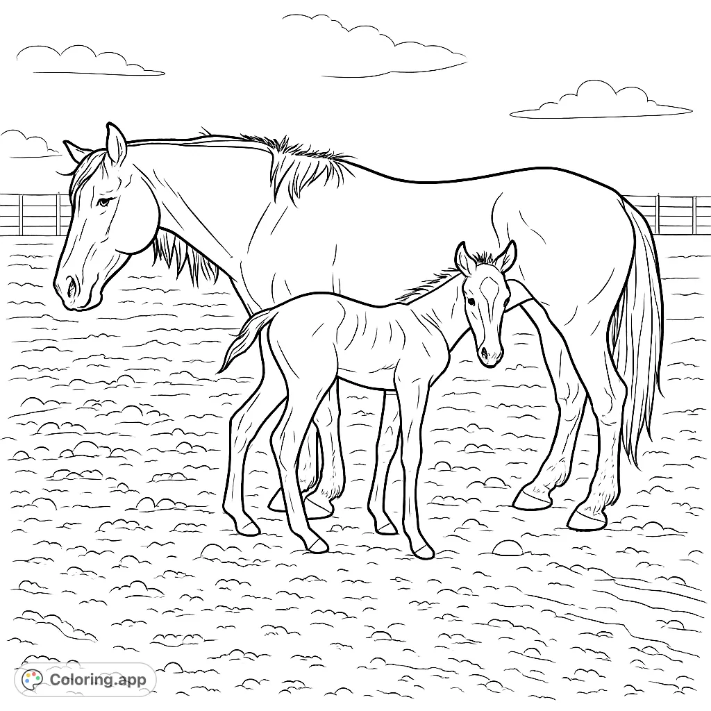A heartwarming scene of a mare and her foal standing together, capturing a tender moment in a rustic setting. Perfect for horse lovers.