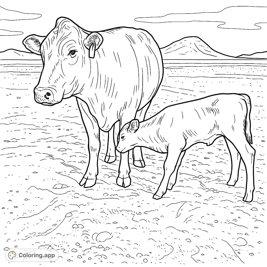 A heartwarming farm animal coloring page featuring a mother cow and her calf in a vast, open landscape. Perfect for animal lovers of all ages.