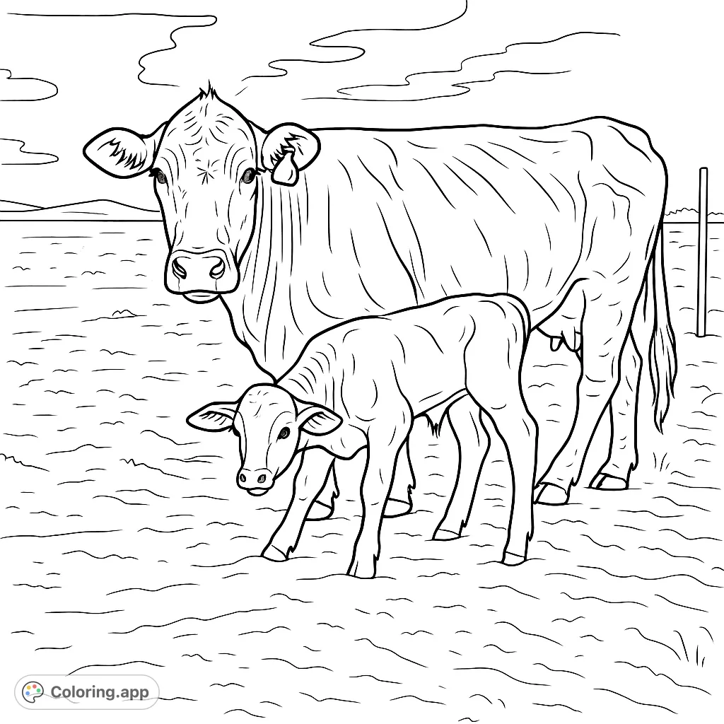 A heartwarming farm animal coloring page featuring a mother cow and her calf in an open landscape. Perfect for animal lovers of all ages.