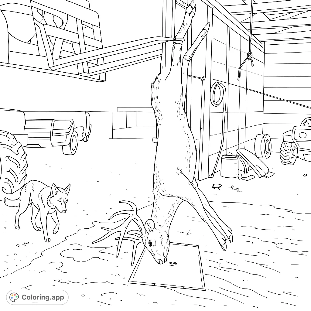 A detailed scene featuring a suspended deer with antlers and a watchful dog in a utility space. Perfect for those interested in hunting or wildlife themes.