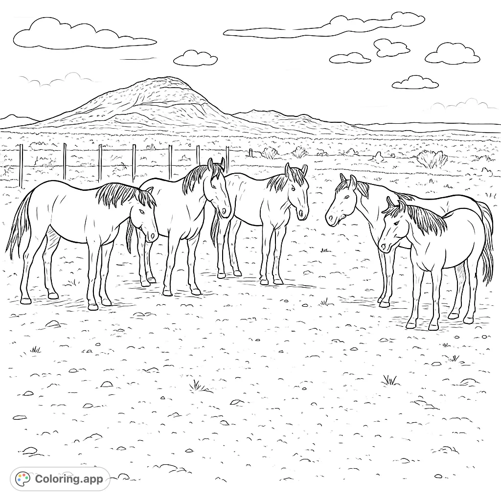 A captivating scene of wild horses in a vast desert landscape, with distant mountains and a cloudy sky, perfect for nature lovers.