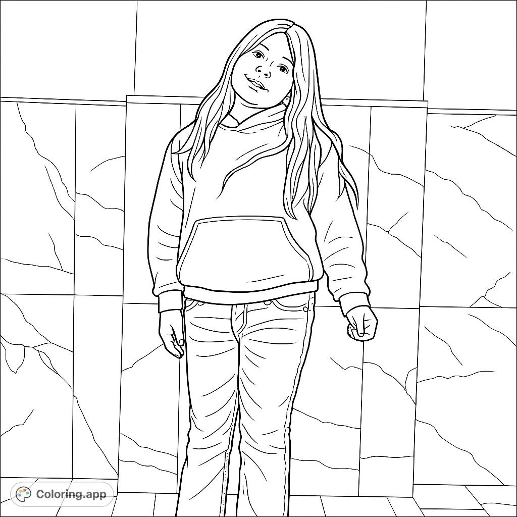 A charming girl in a comfortable hoodie and jeans stands against a patterned wall, ready for your creative touch. Perfect for young artists!