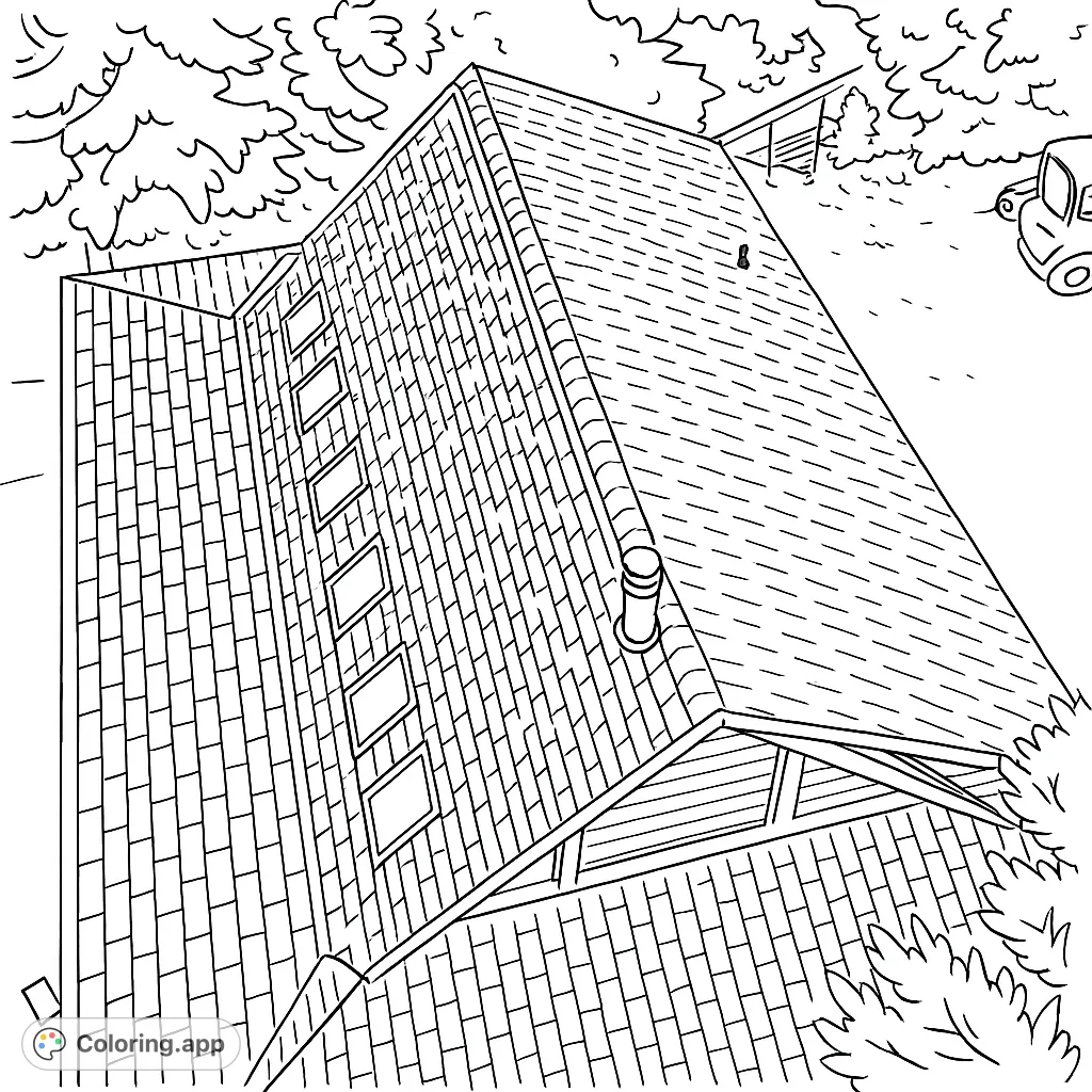 Explore a detailed house roof with numerous shingles, skylights, and a chimney, surrounded by trees and a driveway. Perfect for architectural enthusiasts.