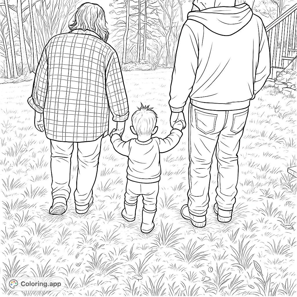 Capture the heartwarming scene of a child's first steps, guided by two loving adults. A detailed coloring page celebrating family bonds and outdoor moments.