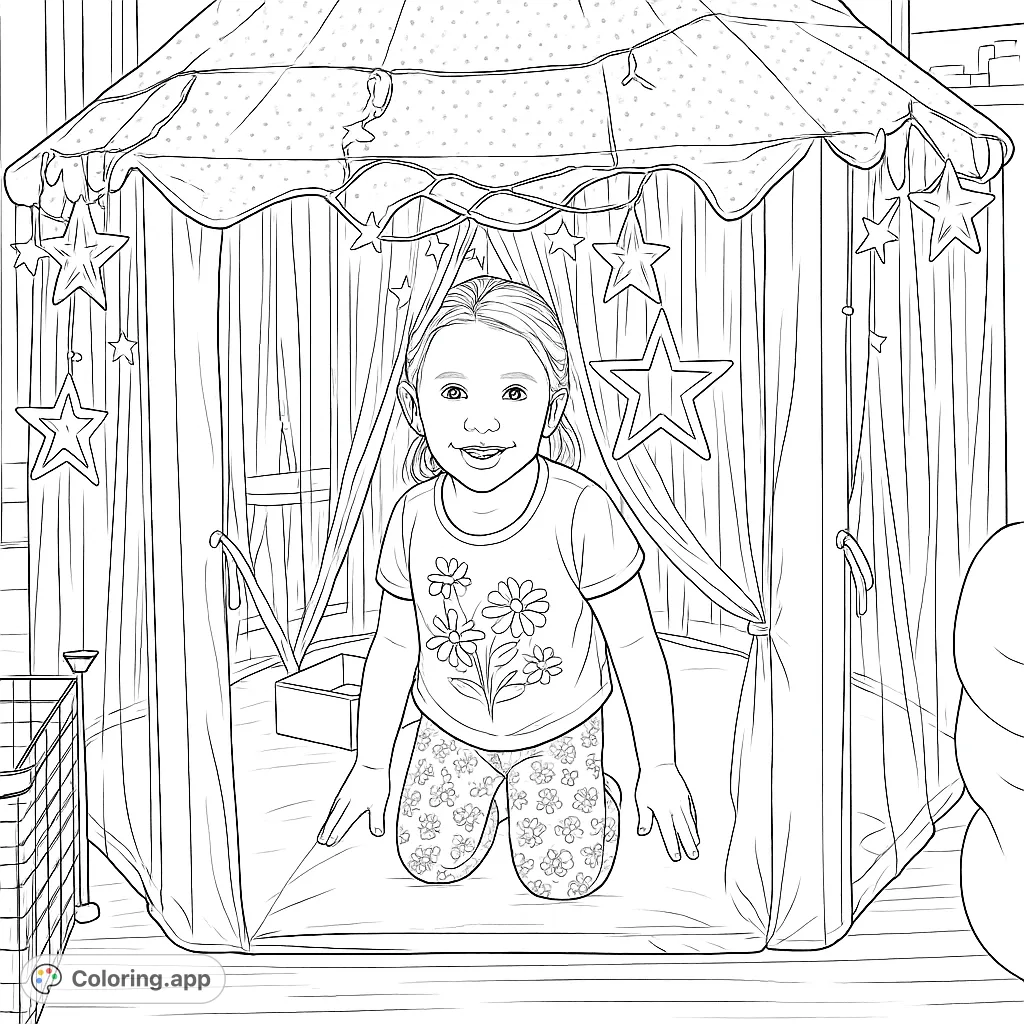 A highly detailed coloring page of a smiling child inside a whimsical play tent adorned with many star-shaped and spherical string lights and intricate fabric patterns.