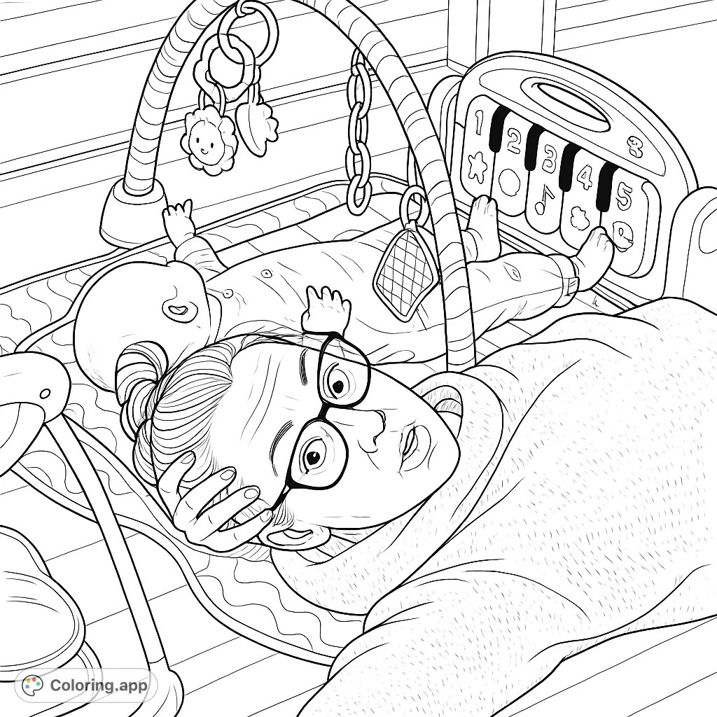 Capture a tender family moment: an adult and baby playing on a mat with interactive toys. A detailed scene for a delightful coloring experience.