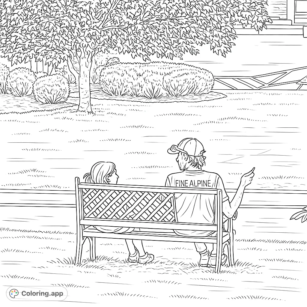 Capture a tender moment between an adult and child on a detailed park bench. A free printable coloring page perfect for all ages to enjoy.