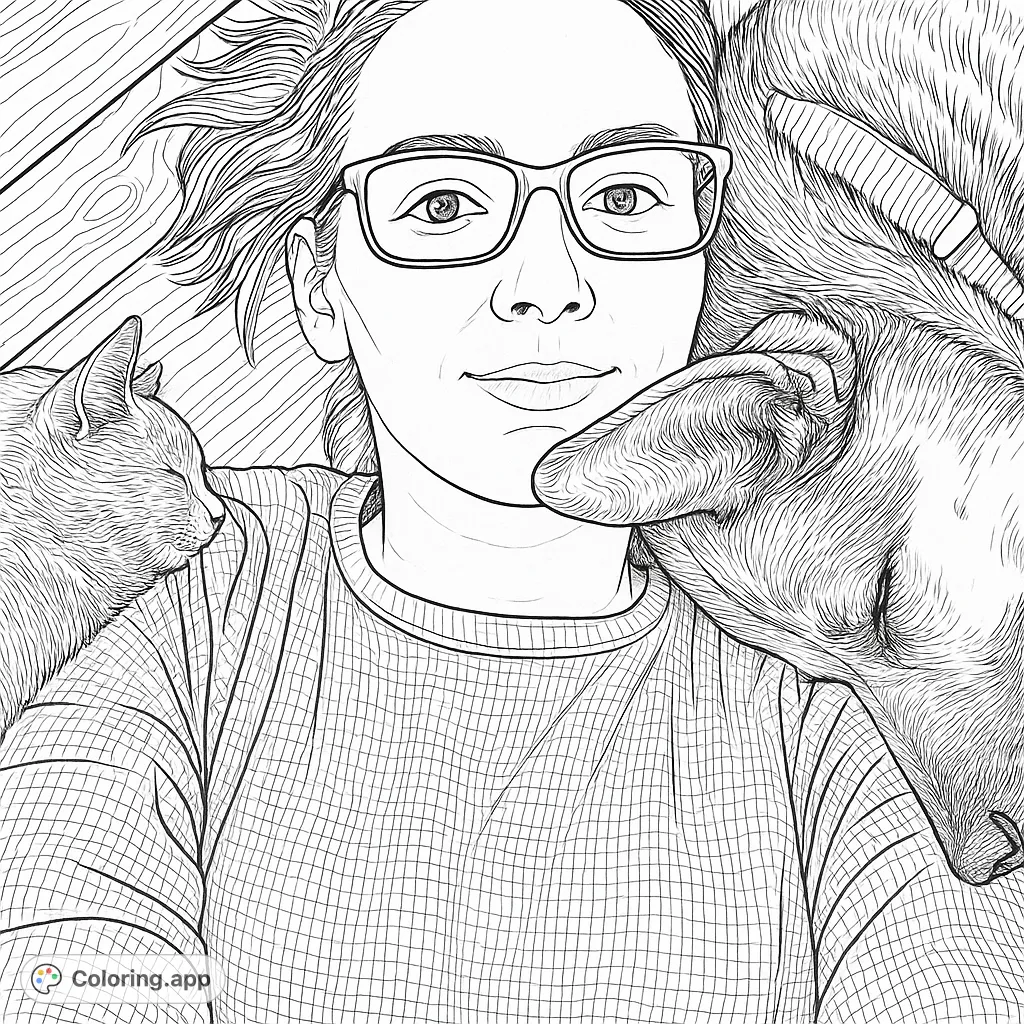 A heartwarming scene of a person wearing glasses, comfortably resting with their beloved cat and dog. This detailed page offers a cozy, intricate coloring experience.