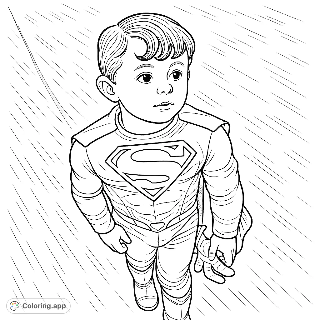 An exciting superhero coloring page featuring a young hero in a detailed costume with a cape and iconic emblem, ready for adventure.