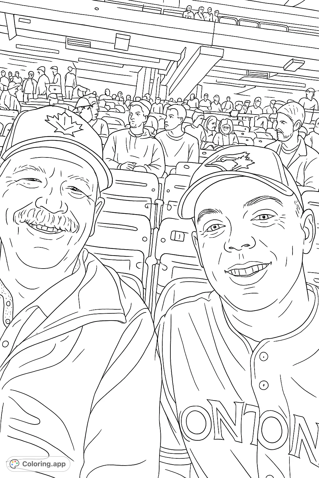 Capture the excitement of game day with this baseball fan coloring page. Two smiling men in team caps enjoy the stadium atmosphere, surrounded by fellow spectators.