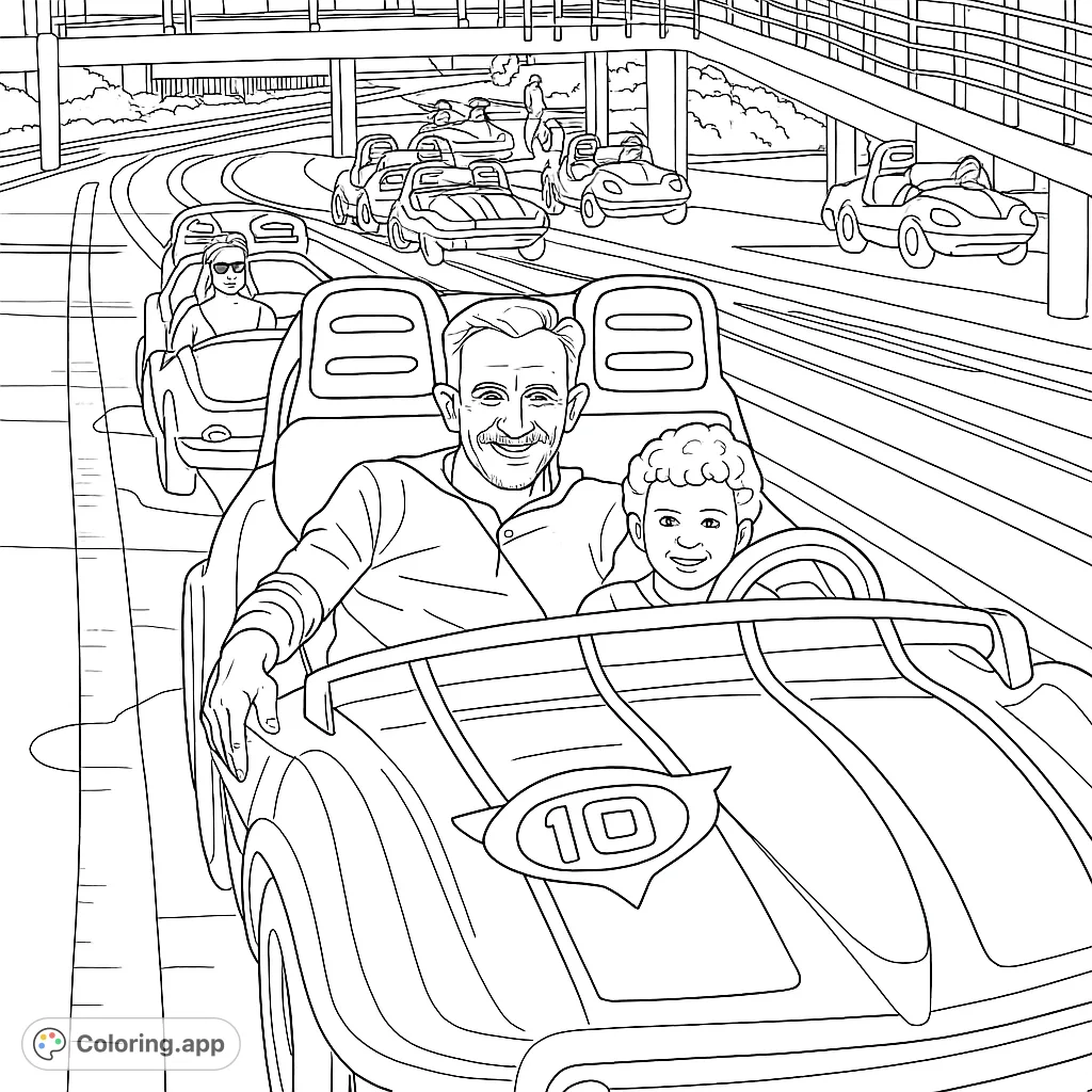 Enjoy a fun amusement park car ride scene with a smiling family. Perfect for a joyful coloring experience, featuring cars on a track and overhead structures.