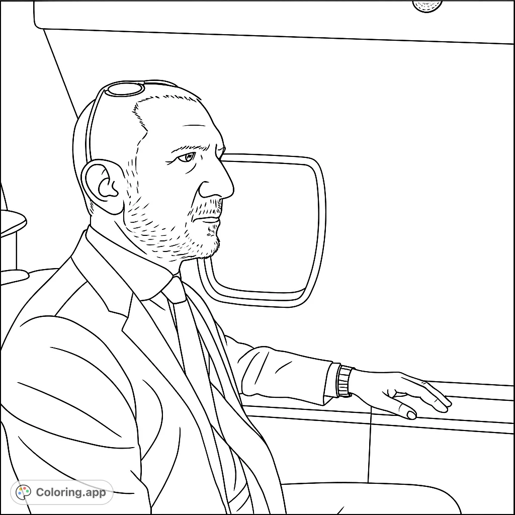 Capture the essence of sophisticated travel with this executive jet coloring page. A man in a suit gazes out an airplane window, ready for your creative touch.