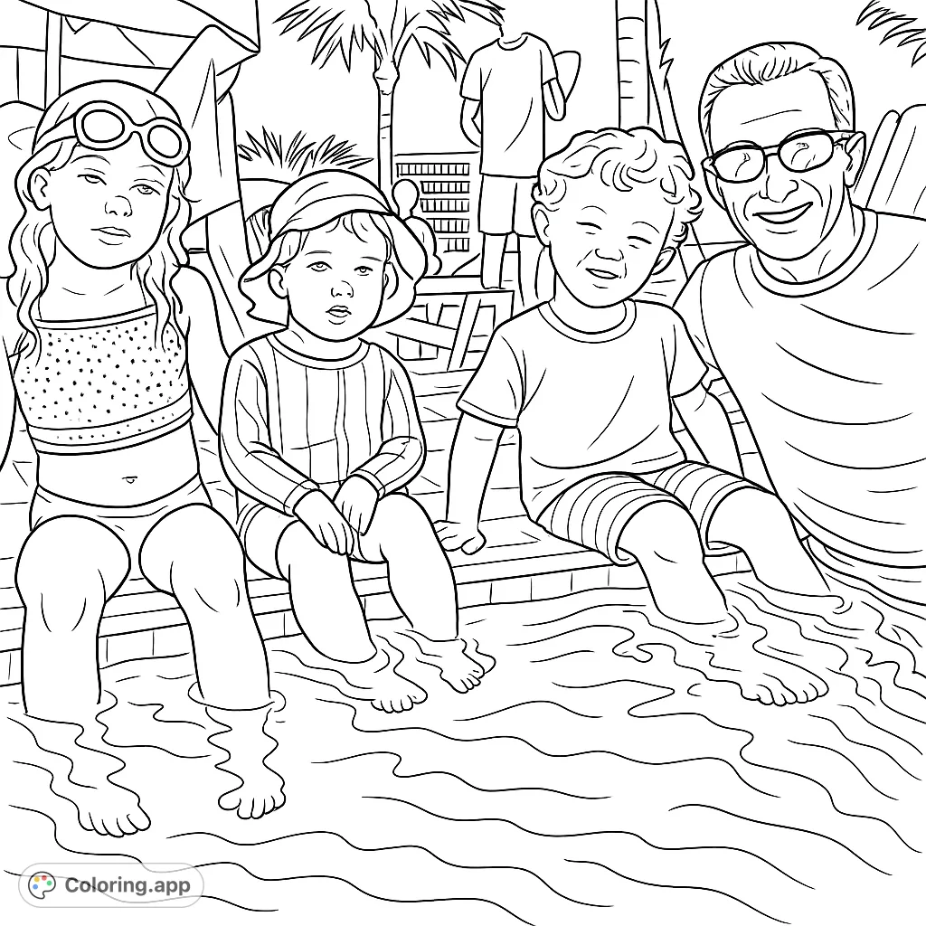 Enjoy a sunny pool day with this family coloring page! Features a man and children splashing in the water, surrounded by summer vibes. Perfect for all ages.