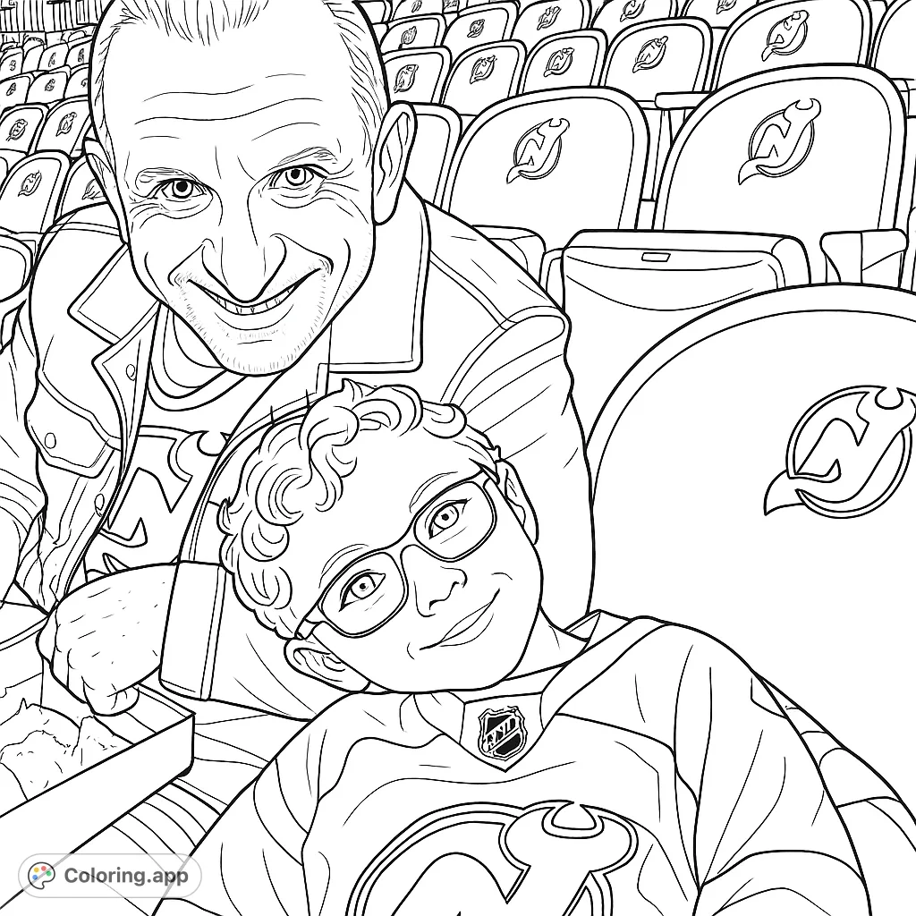 Capture a heartwarming stadium moment with an adult and a child, both smiling and wearing team apparel, surrounded by arena seats.