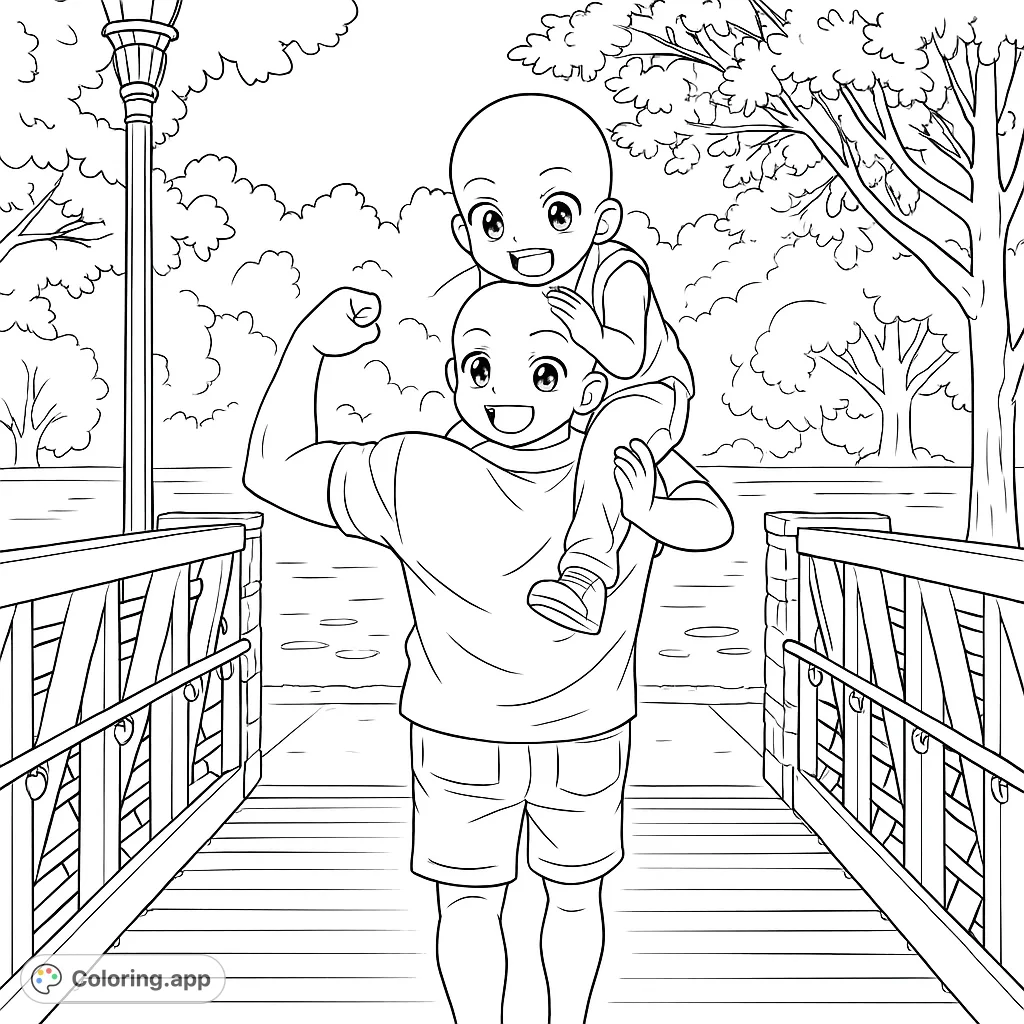 A heartwarming anime-inspired coloring page featuring a father carrying his joyful child on shoulders across a scenic bridge, surrounded by nature.