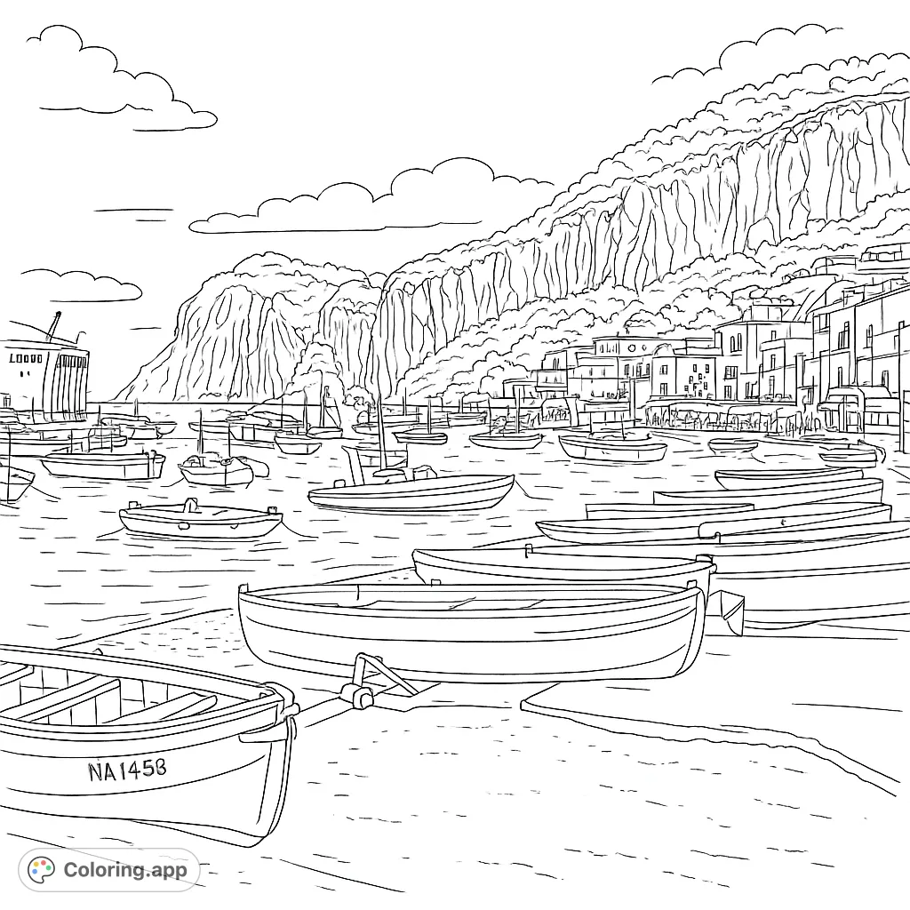 Explore a picturesque harbor scene with numerous boats, a charming coastal town, and a majestic mountain backdrop. Perfect for a relaxing coloring escape.