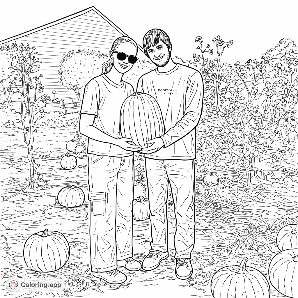 Capture the joy of autumn harvest with a couple holding their prized pumpkin in a bountiful patch. A festive fall scene awaits your creative touch.