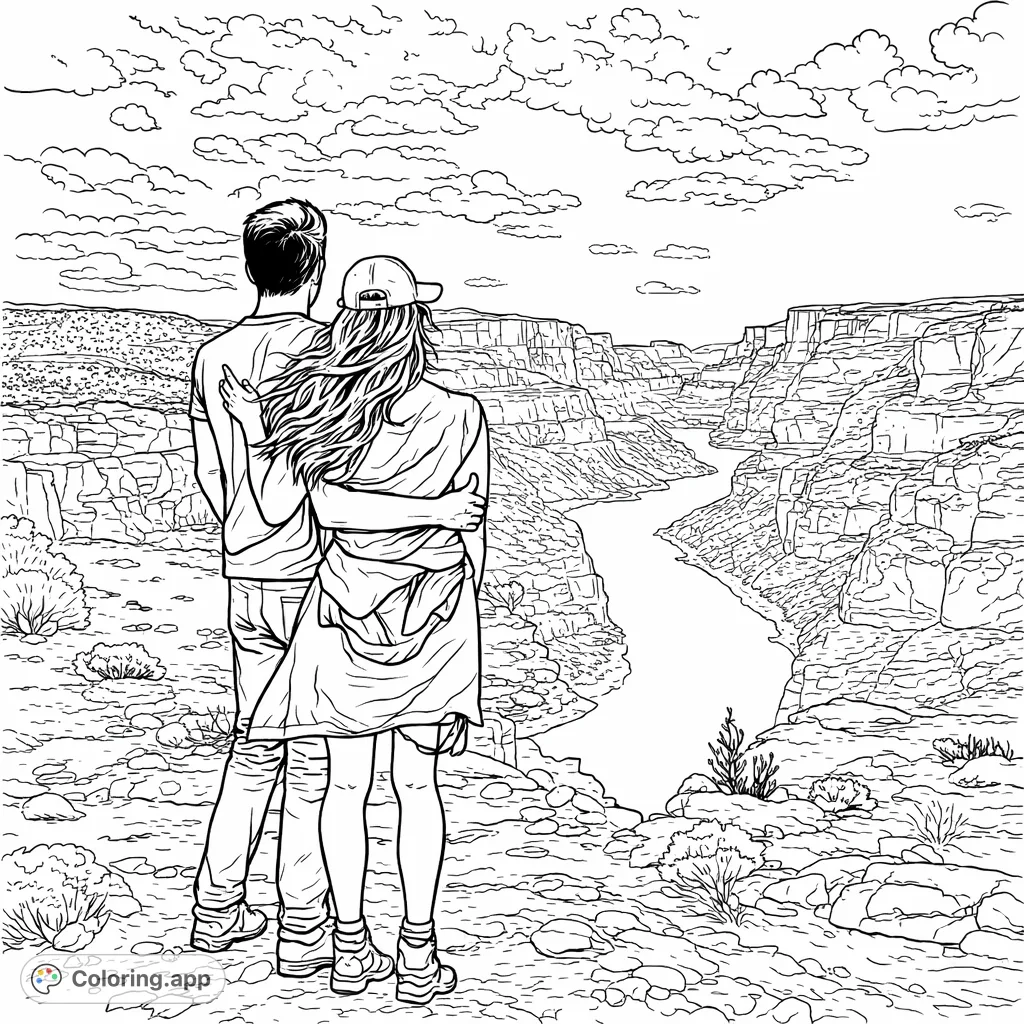 A couple embraces while admiring a sprawling canyon and river under a vast, cloud-filled sky. Perfect for nature lovers and adventurers.