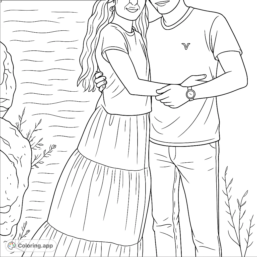 Capture a moment of affection with this couple's coastal embrace coloring page. Features a loving pair against a scenic ocean and cliff backdrop, perfect for romantic themes.