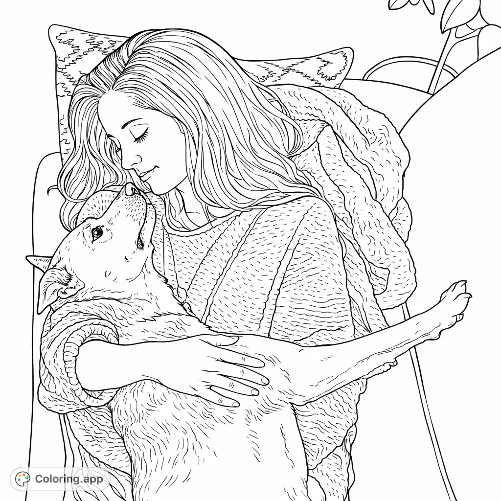A heartwarming scene of a person cuddling with their dog on a cozy sofa. This free printable pet love coloring page offers a moment of connection and comfort.