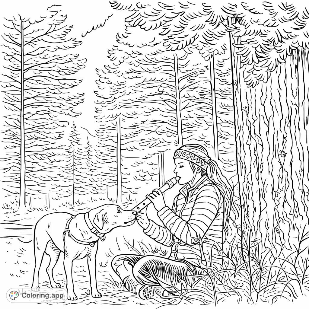 A serene forest scene featuring a person playing a flute, serenaded by their loyal dog. A peaceful moment amidst nature's embrace, ready for your creative touch.