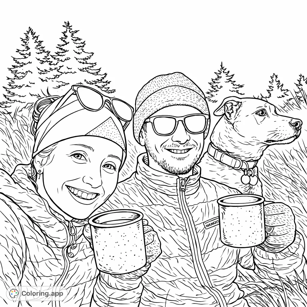 Capture an outdoor moment with two smiling companions and their loyal dog, enjoying warm beverages amidst tall grass and evergreen trees.