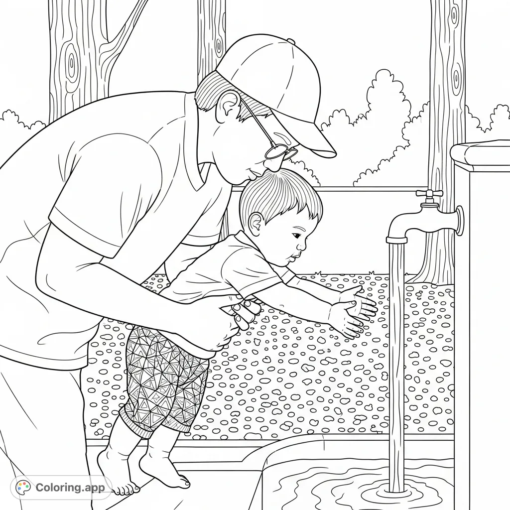 A touching scene of an adult helping a child interact with a water spigot in an outdoor park, fostering connection and fun. Perfect for family-themed coloring.