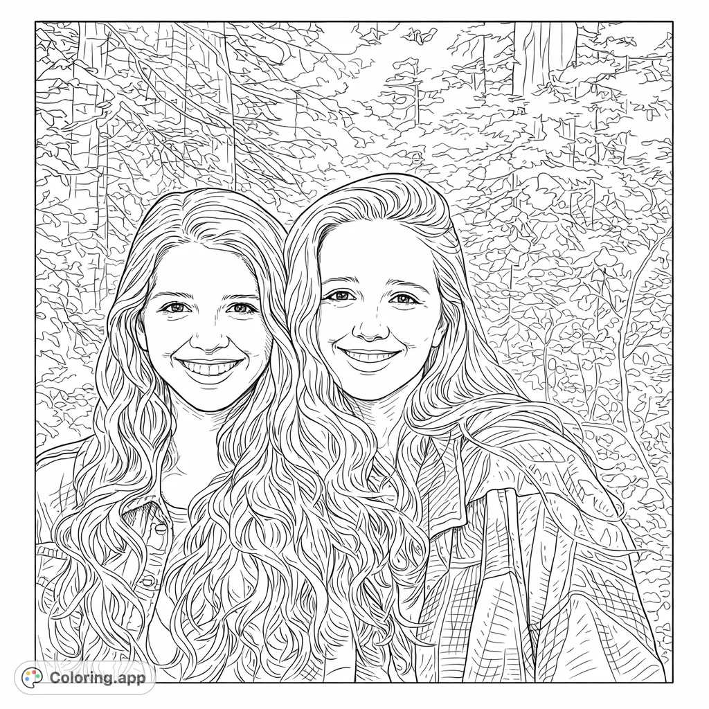 Two smiling young women amidst a forest, sharing a moment of joy. A delightful portrait for coloring enthusiasts.