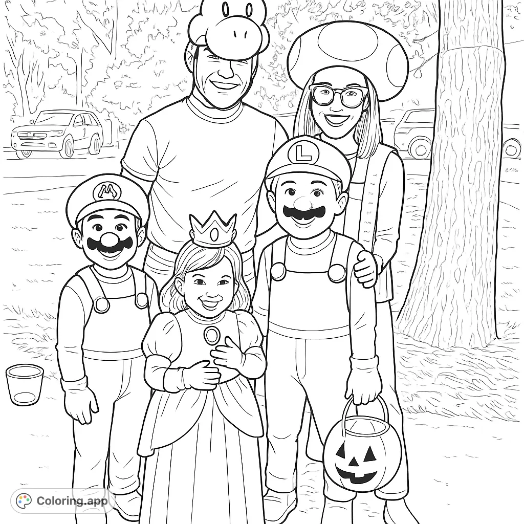 A joyful family dressed as popular video game characters, including Mario, Luigi, Princess Peach, Yoshi, and Toad, ready for a fun adventure.