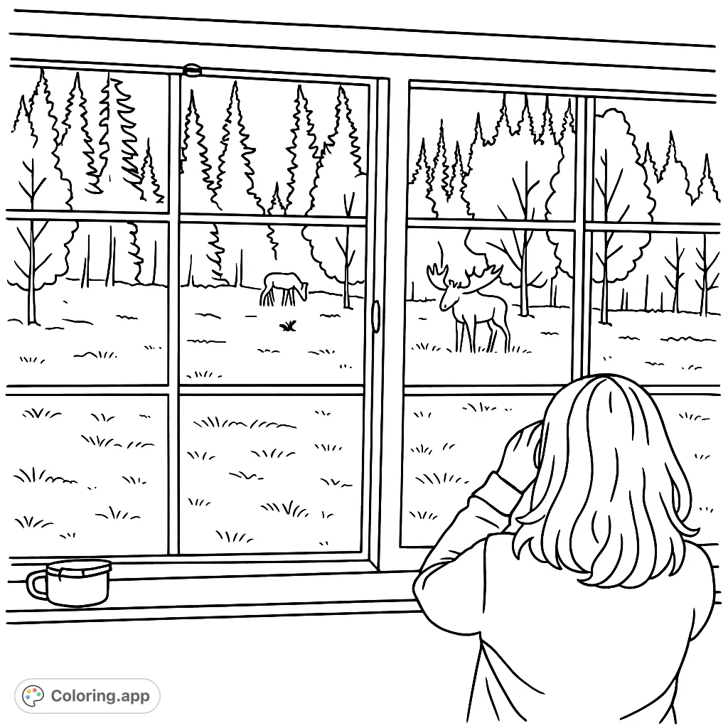 A peaceful scene of a person gazing out a window at a grassy field where two majestic moose graze near a dense forest.