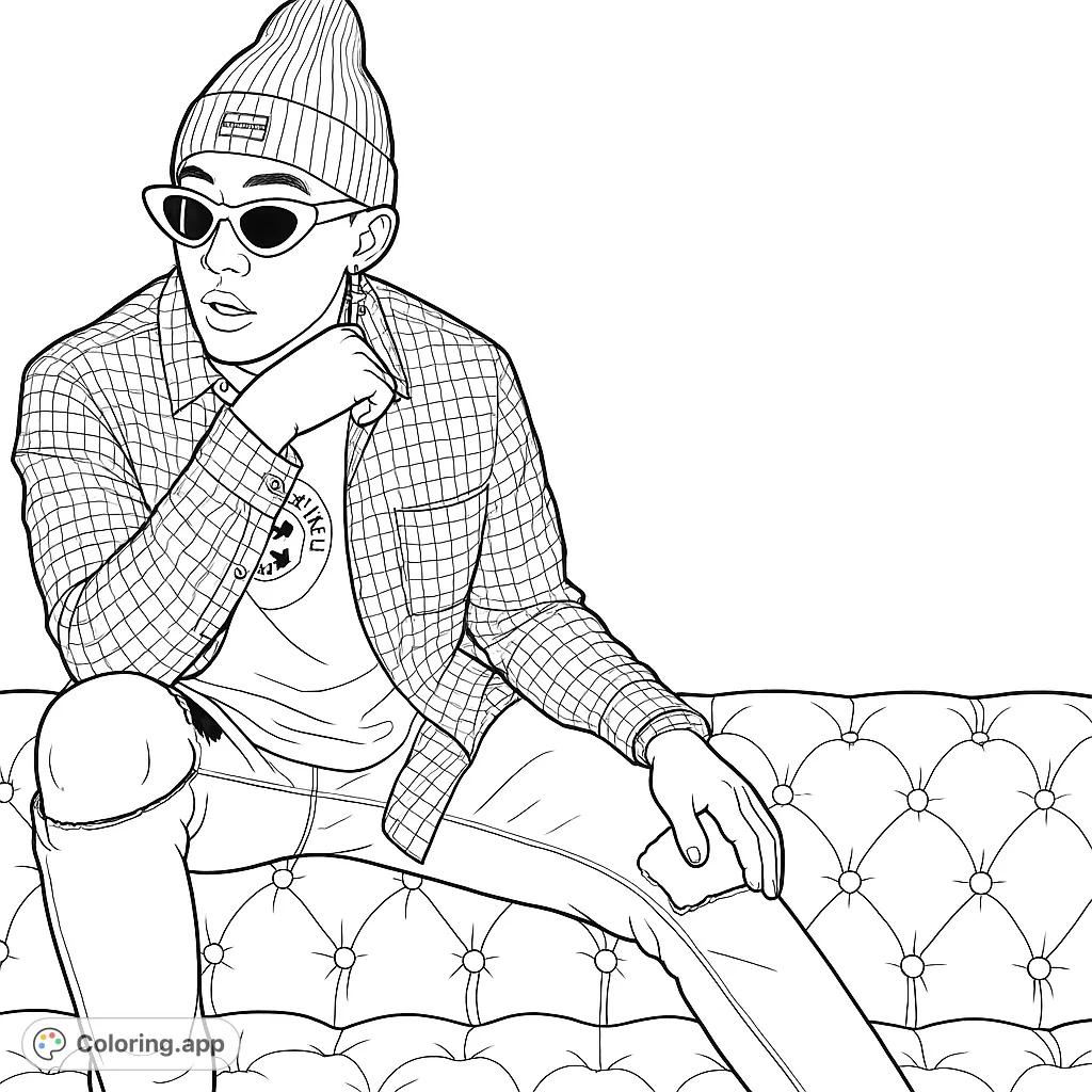 Color a stylish figure in a beanie, cat-eye sunglasses, and plaid shirt, seated on a classic tufted sofa. Perfect for fans of modern fashion and music.