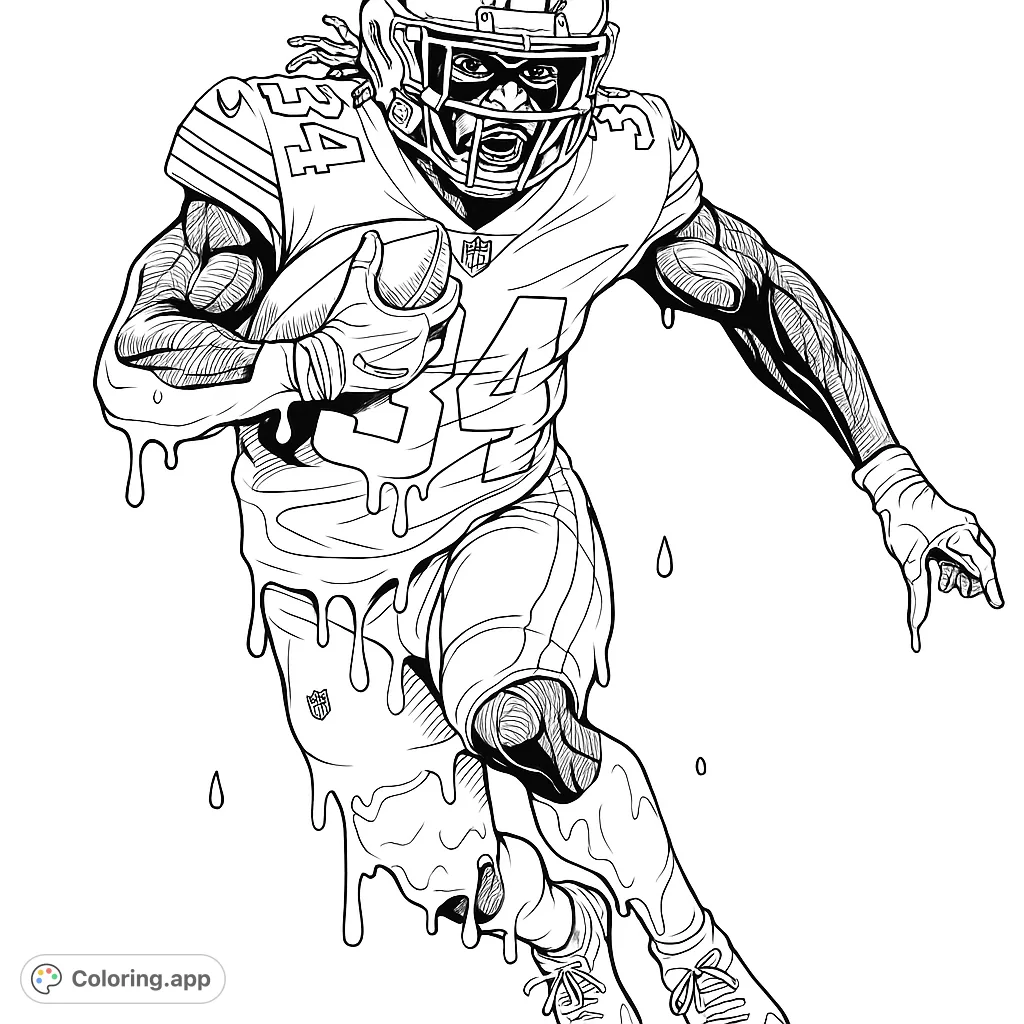 Capture the intensity of a football player in action, featuring a unique dripping effect on his uniform. Perfect for sports fans and creative colorists.