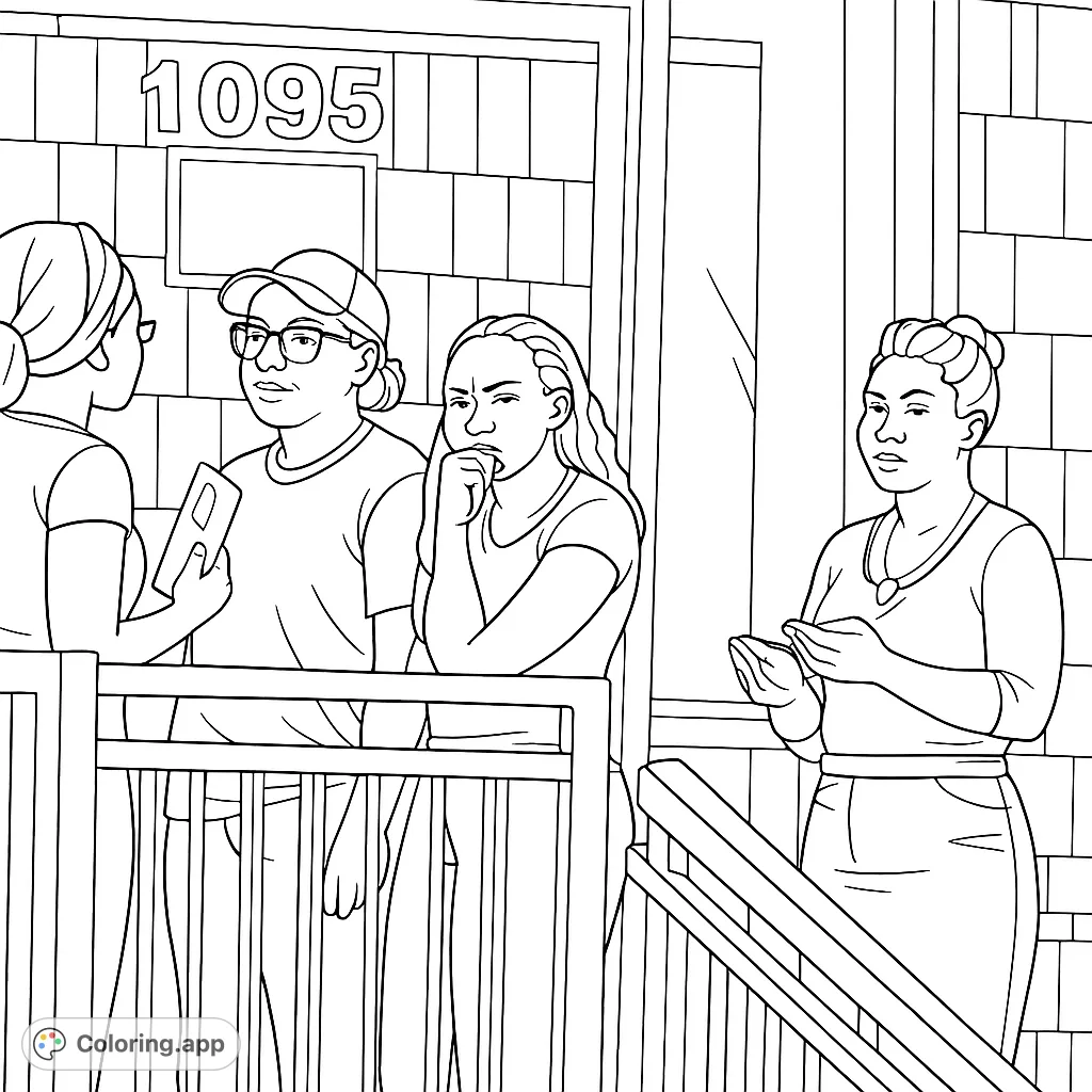 Capture an urban moment with a group of individuals interacting near a textured building and railings. A detailed scene for focused coloring.